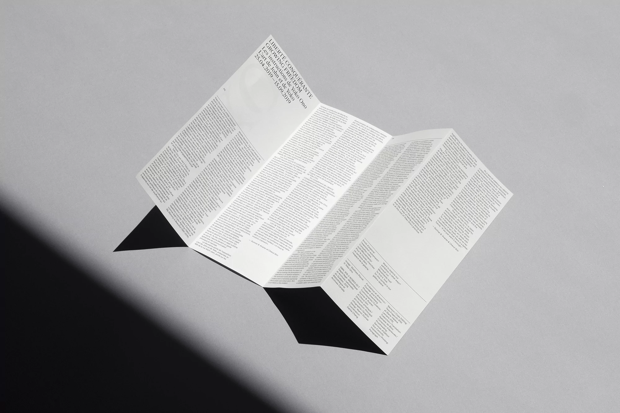 Artistic composition with a white folded brochure on a gray surface, casting a stark shadow, showcasing typography and design.