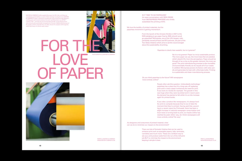 Magazine spread with paper rolls, emphasizing 'For the Love of Paper' in pink font, part of a Winter & Company ad, discussing sustainability.