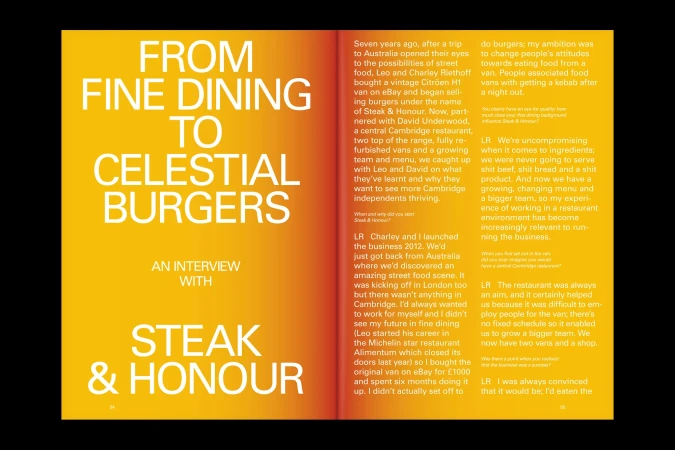 Editorial spread with bold white typography on a warm yellow and orange gradient background discussing Steak & Honour.