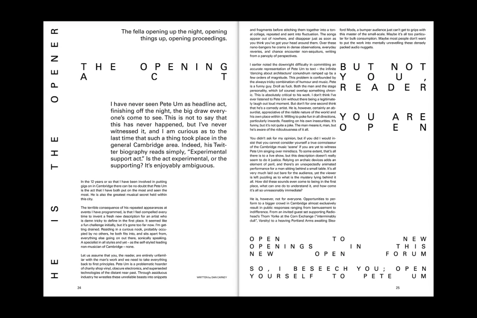 Two-page magazine spread featuring creatively arranged text, including headings like 'The Opener' and phrases such as 'But Not You, Reader, You are Open'.