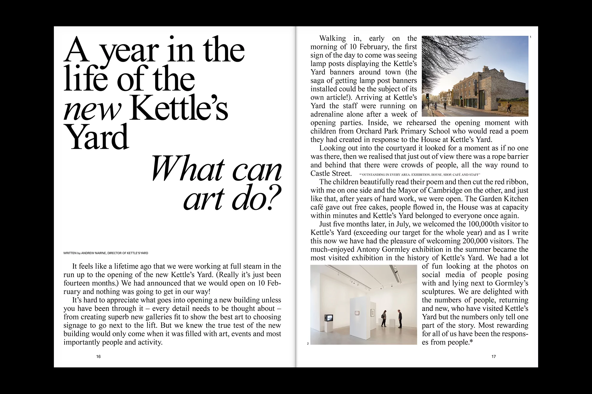 Magazine spread showcasing Kettle's Yard, featuring article excerpts, architectural views, people in gallery, and bold typographic titles.