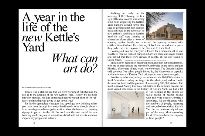 Magazine spread showcasing Kettle's Yard, featuring article excerpts, architectural views, people in gallery, and bold typographic titles.