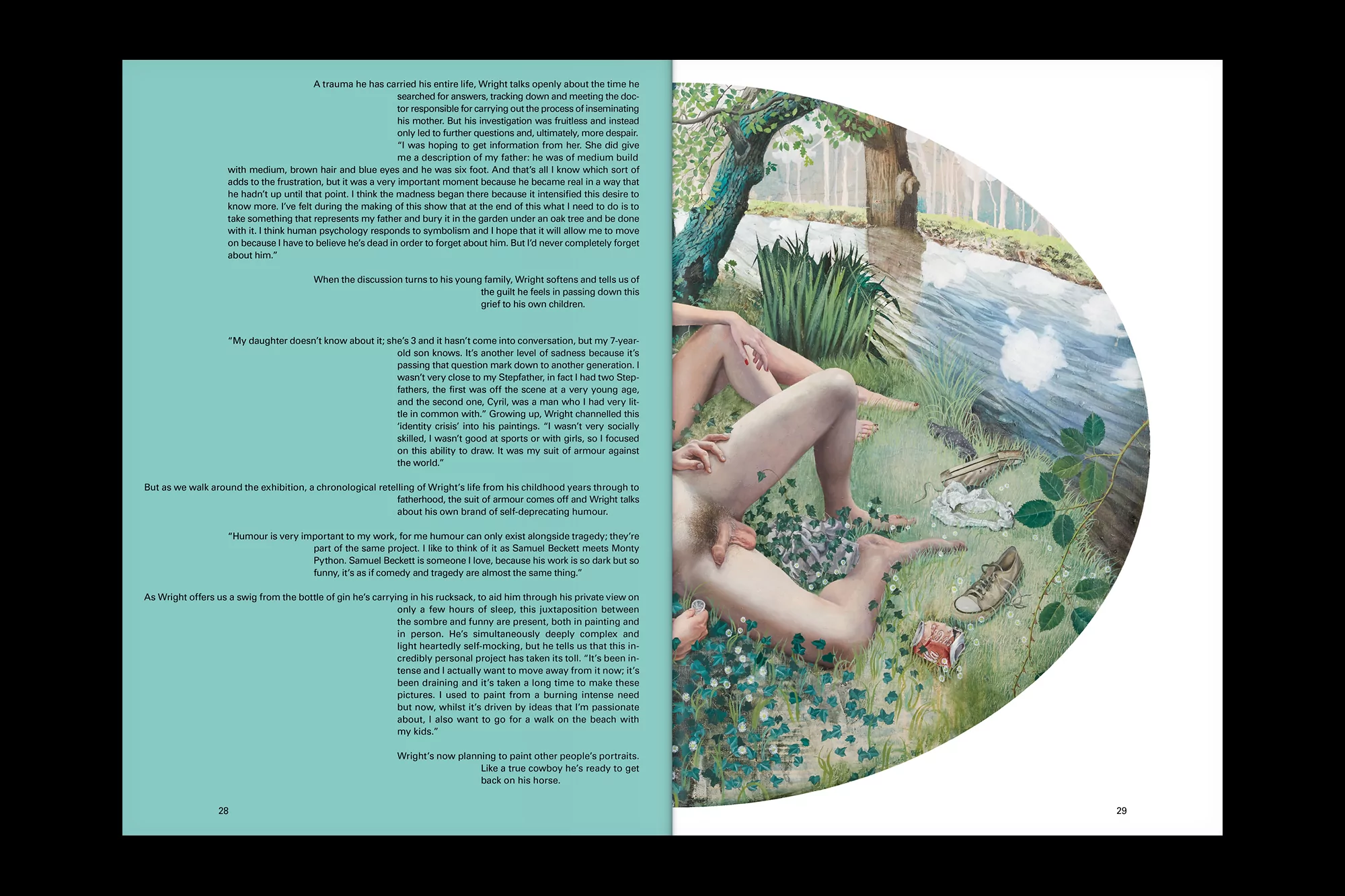 Spread showing editorial text on a mint green left page and a detailed circular painting of figures by a stream on the right