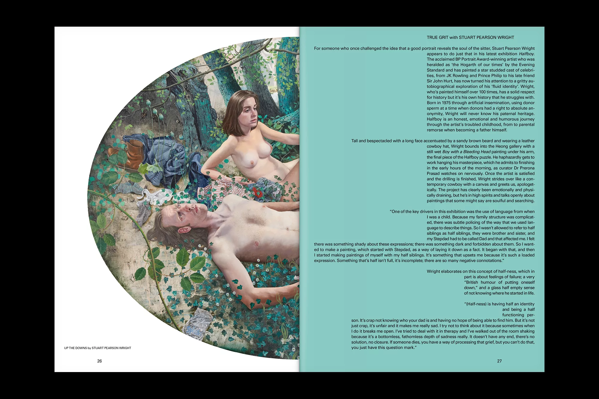 Painting of a nude adult male and female couple relaxing outdoors in a forest setting, surrounded by greenery and dappled light.