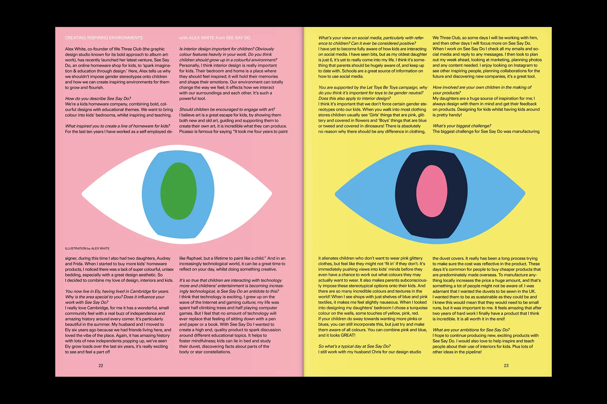 Editorial double-page magazine spread featuring bold eye graphics and extensive columns of interview text on pink and yellow background