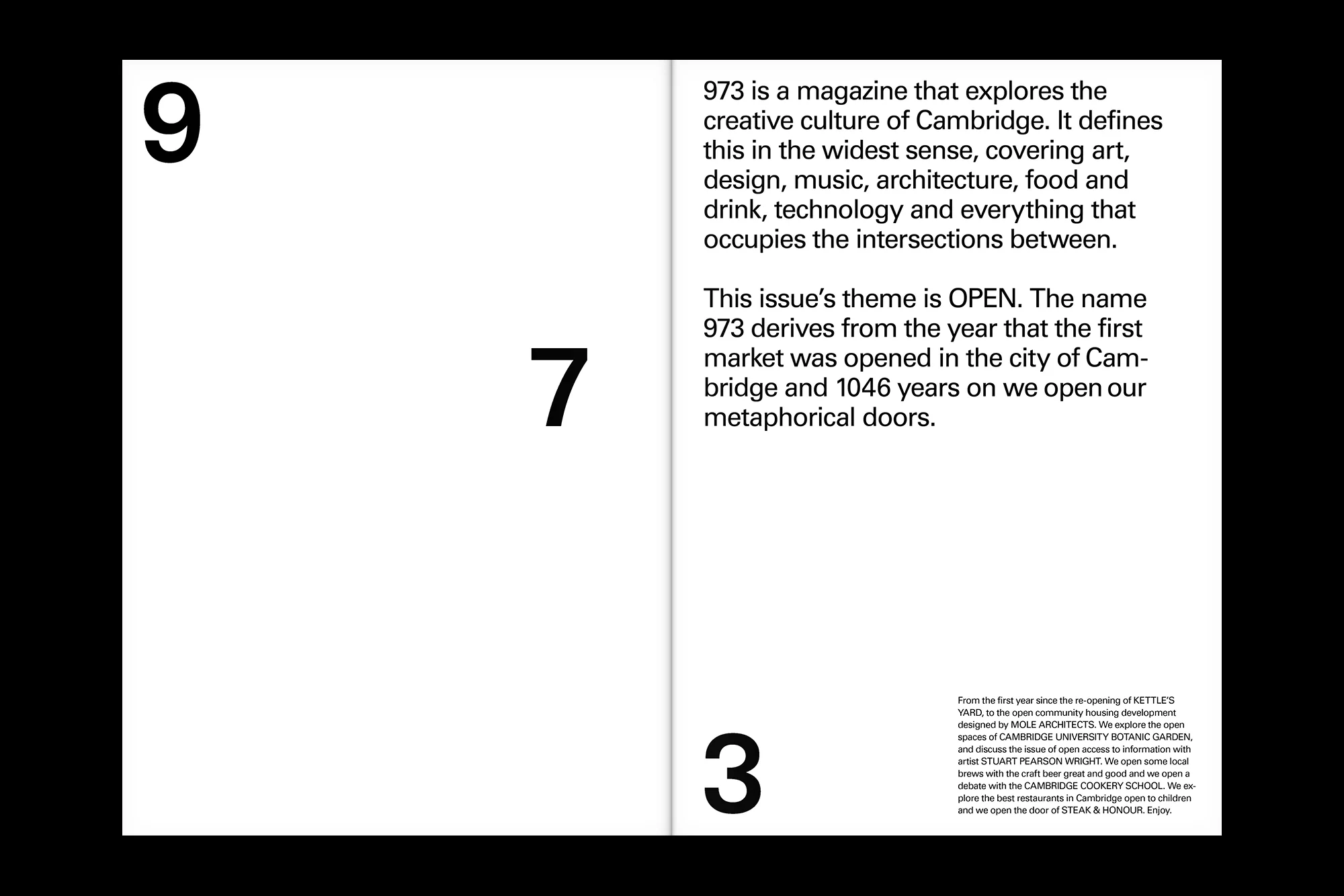 Open magazine spread featuring bold numbers 9, 7, and 3 alongside text exploring Cambridge's creative culture, design, art, and technology.