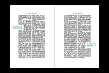 Spread of a magazine layout featuring articles about ecology and food production with green typography