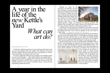 Spread of a magazine or book featuring typography and architectural photography by The District