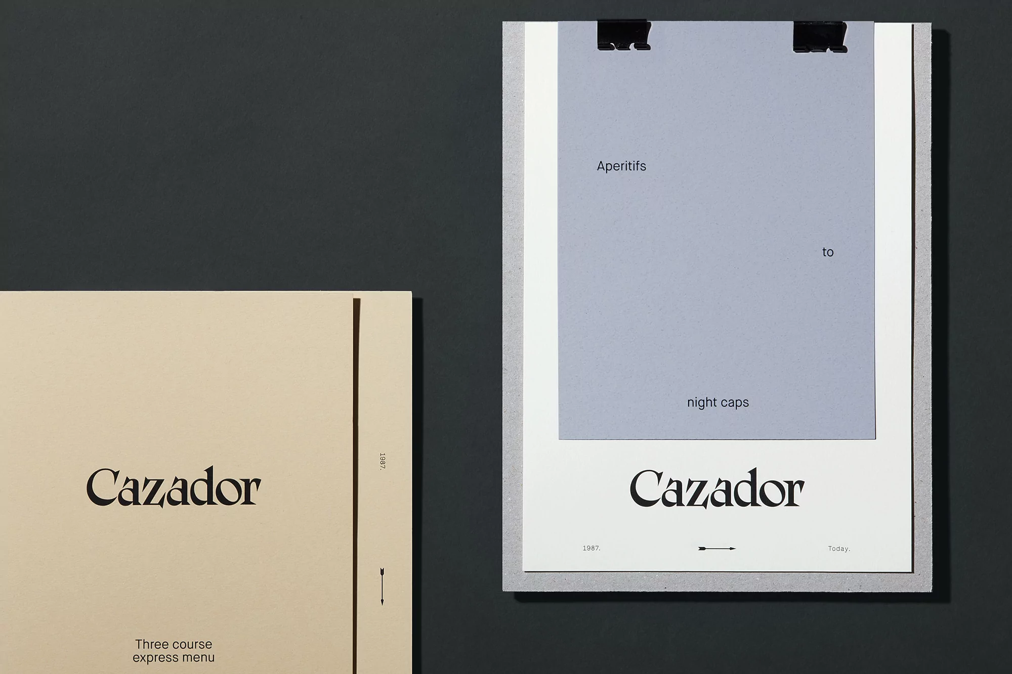 Menu design featuring aperitifs and nightcaps from Cazador, showcasing typography, color palette and minimalist composition in a studio setting.