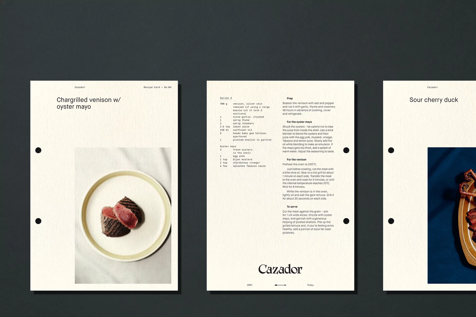 Three recipe cards displayed: char-grilled venison with oyster mayo, recipe instructions, and sour cherry duck recipe.