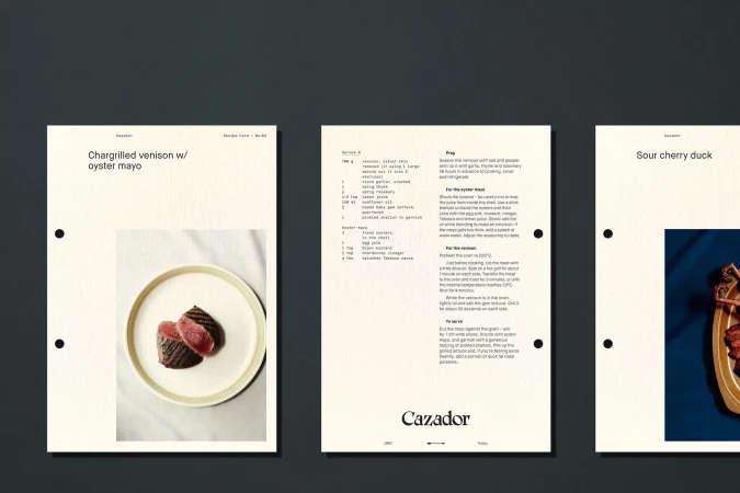 Three recipe cards displayed: char-grilled venison with oyster mayo, recipe instructions, and sour cherry duck recipe.