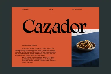 Digital brand identity layout featuring bold serif typography on an orange background next to a plate of pasta on blue cloth.