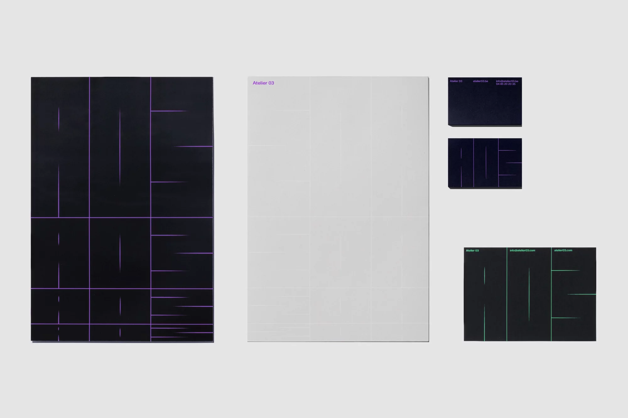 Graphic design featuring posters and flyers with geometric line patterns and text 'Atelier 03' in dark shades against a light grey background.