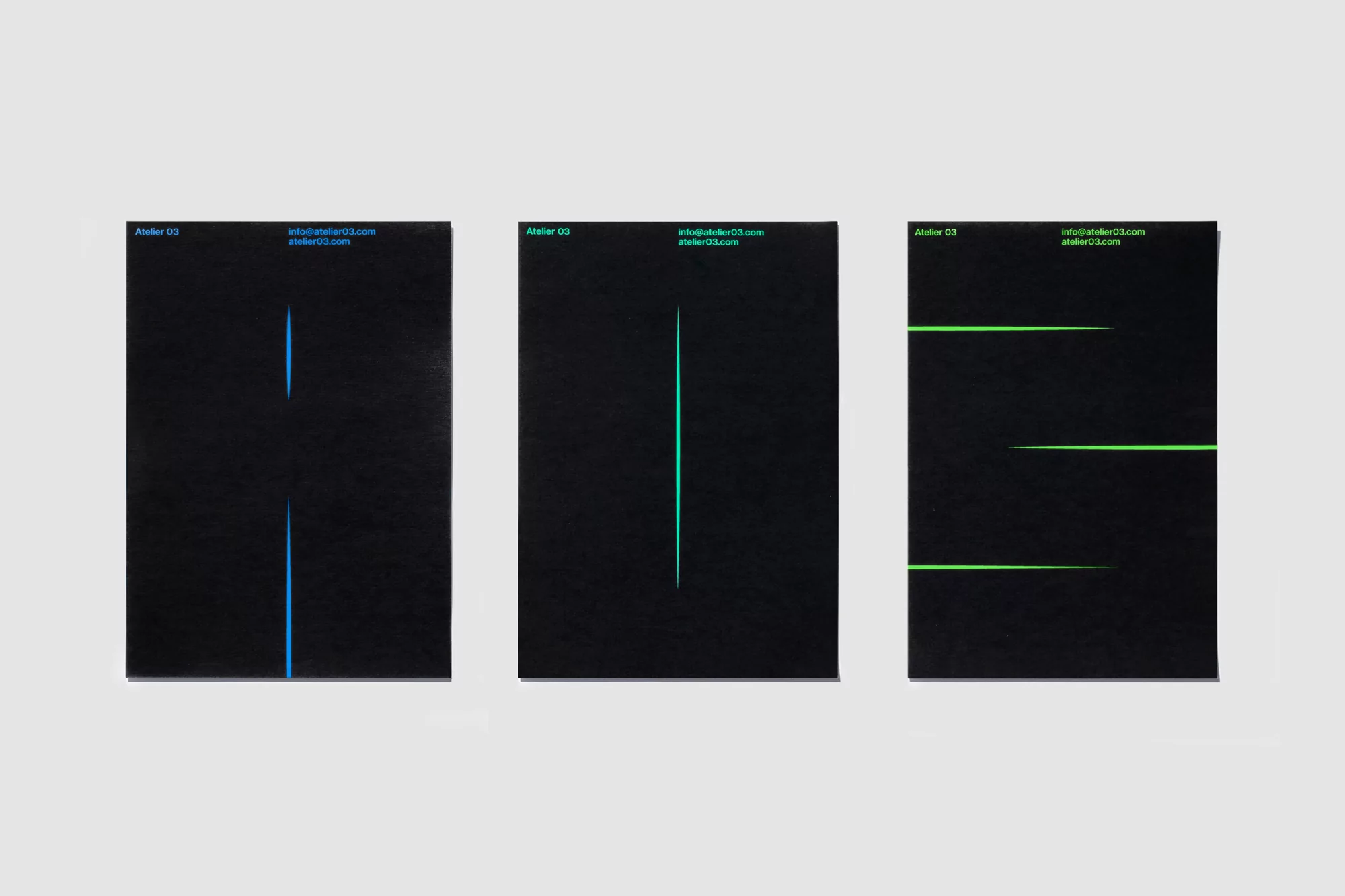 Three minimalist posters with black backgrounds and vibrant linear graphics. Each poster features subtle text at the top, clean design.
