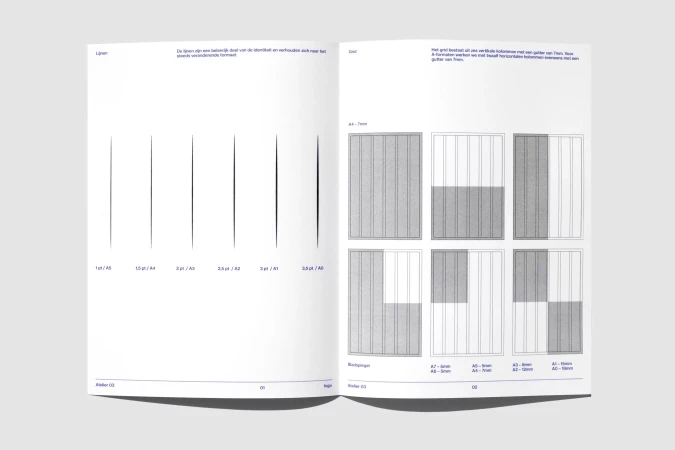 Open book spread with graphic design layouts featuring vertical lines and rectangular grids against a pale background.