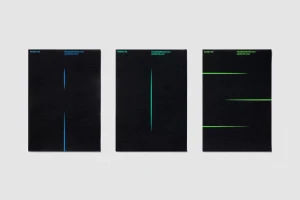 Three black rectangular graphic design cards featuring minimalist glowing lines in blue and green against a neutral light gray background.