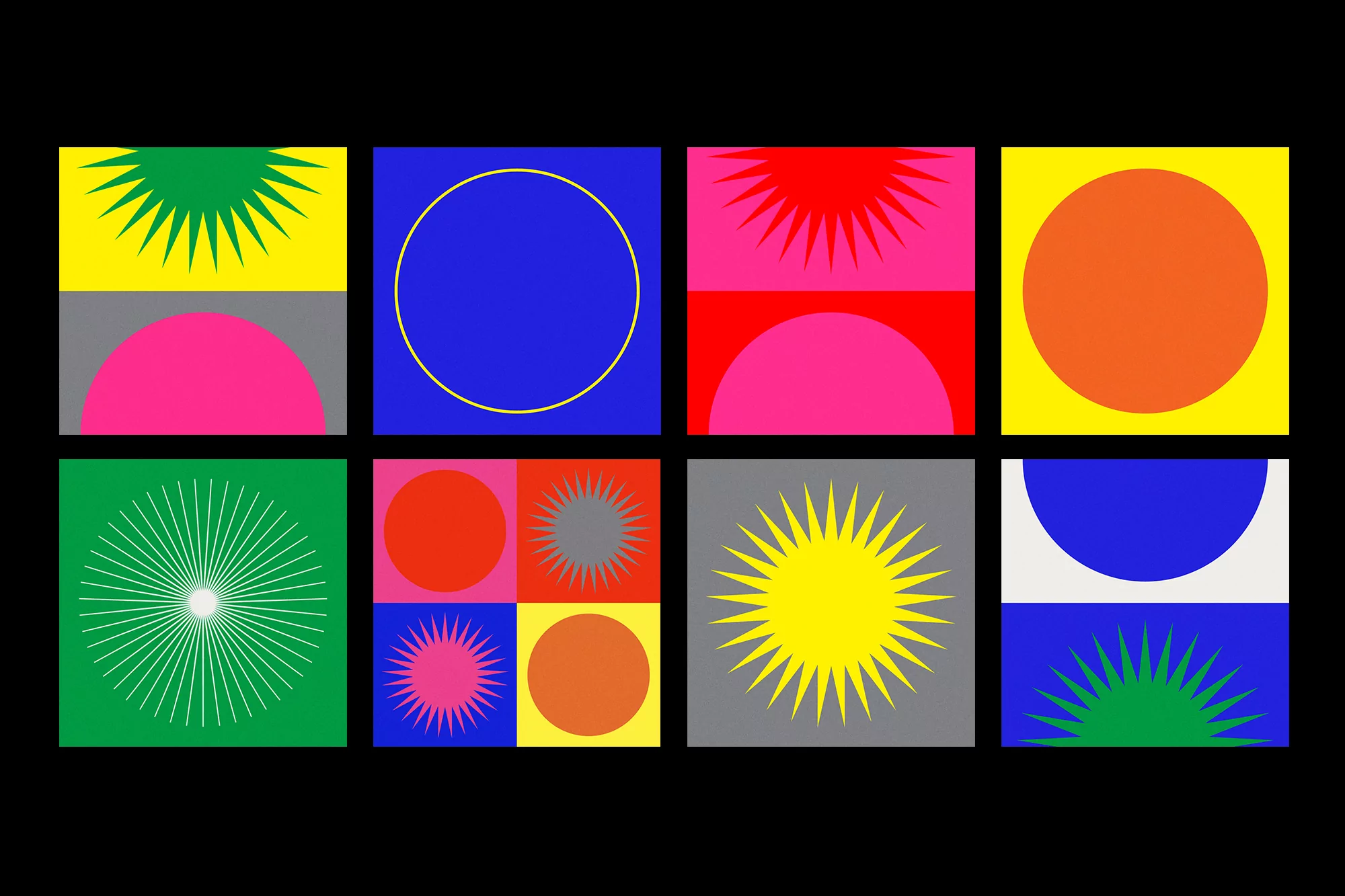 Abstract geometric art in a grid with circles, semi-circles, sunbursts, and color blocks in yellow, blue, pink, green, and grey against black.