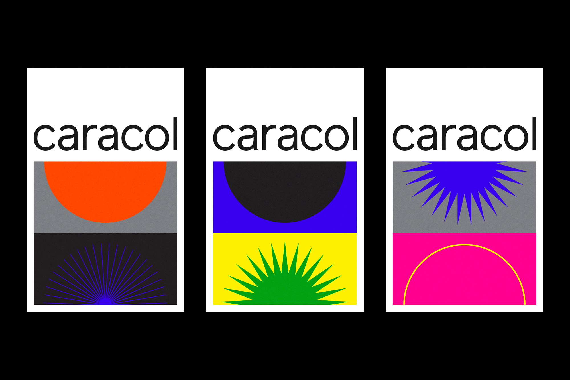 Abstract art in a graphic design with colorful geometric shapes and the word 'caracol' repeated across three panels on a black background.