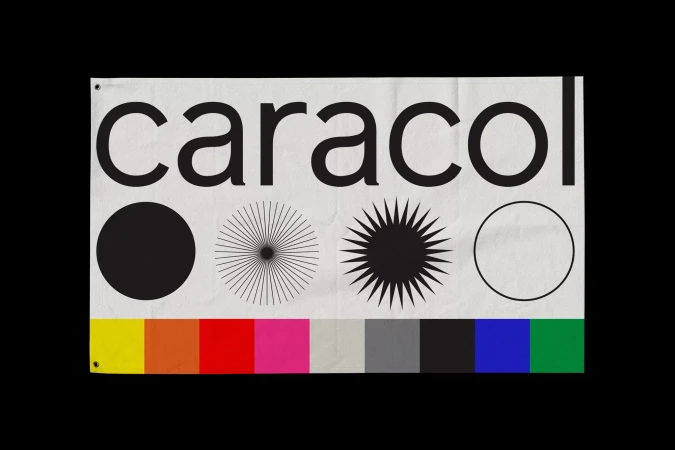 Abstract graphic art on paper with typography spelling 'caracol' in black and geometric design with colorful blocks.