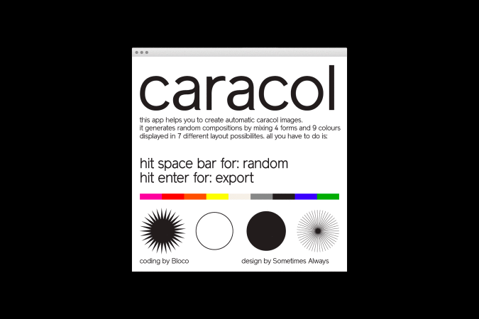 Graphic art promoting the app "Caracol" with a black-and-white design featuring geometric shapes and color swatches against a black backdrop.