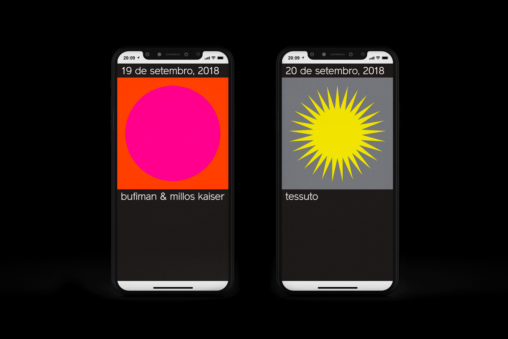Two smartphones display digital artwork: a pink circle on orange and a yellow sunburst on gray, against a dark background.