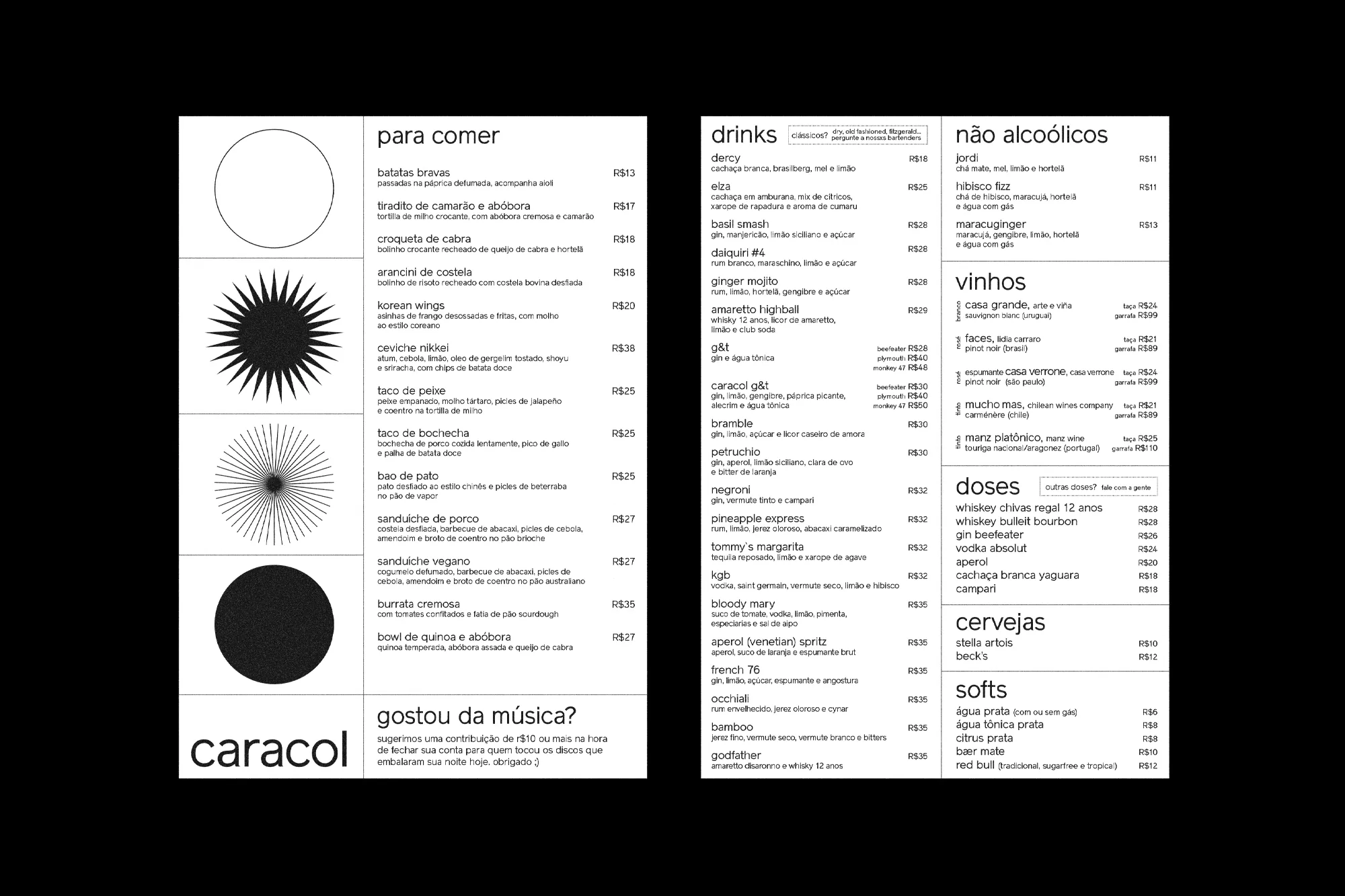 Menu with food and drink options listed in Portuguese, featuring geometric patterns and a minimalist design against a black background.