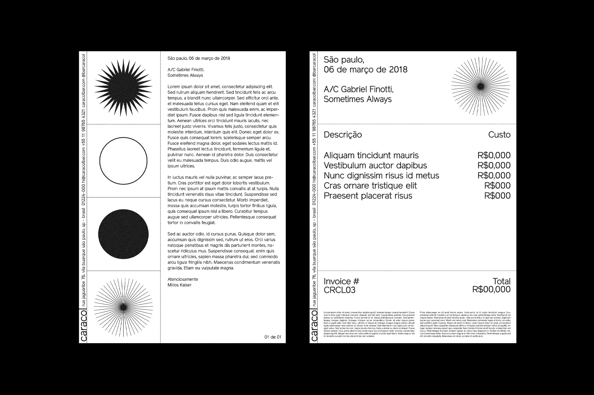 Two minimalist graphic design invoice layouts featuring geometric shapes, typography, and monochrome colors, with modern aesthetic.