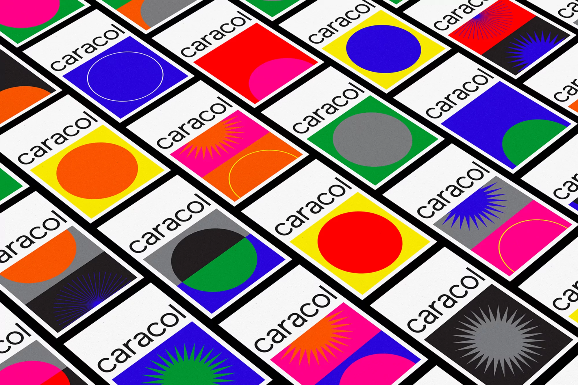 Geometric pattern with colourful circles and star shapes. A modern graphic design, a visually interesting and bold abstract artwork.