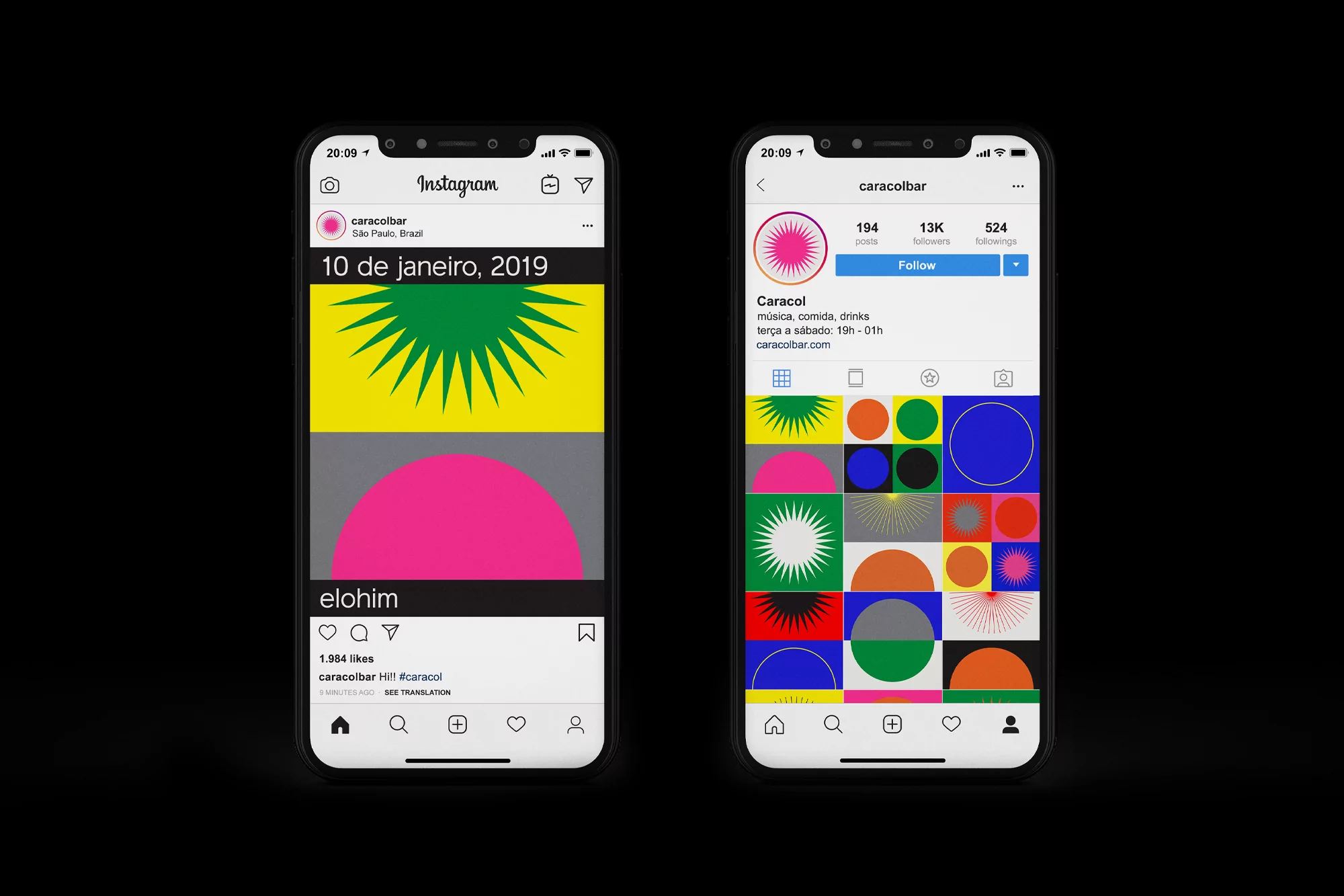 Two smartphones displaying Instagram posts with abstract graphics and geometric shapes, set against a stark black background.