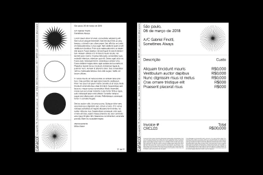 Black and white graphic design branding layouts featuring typographic invoice layouts, placeholder text, and abstract geometric starburst icons.