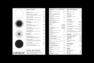 Monochrome restaurant menu design for Caracol with typography and graphic illustrations on a white background