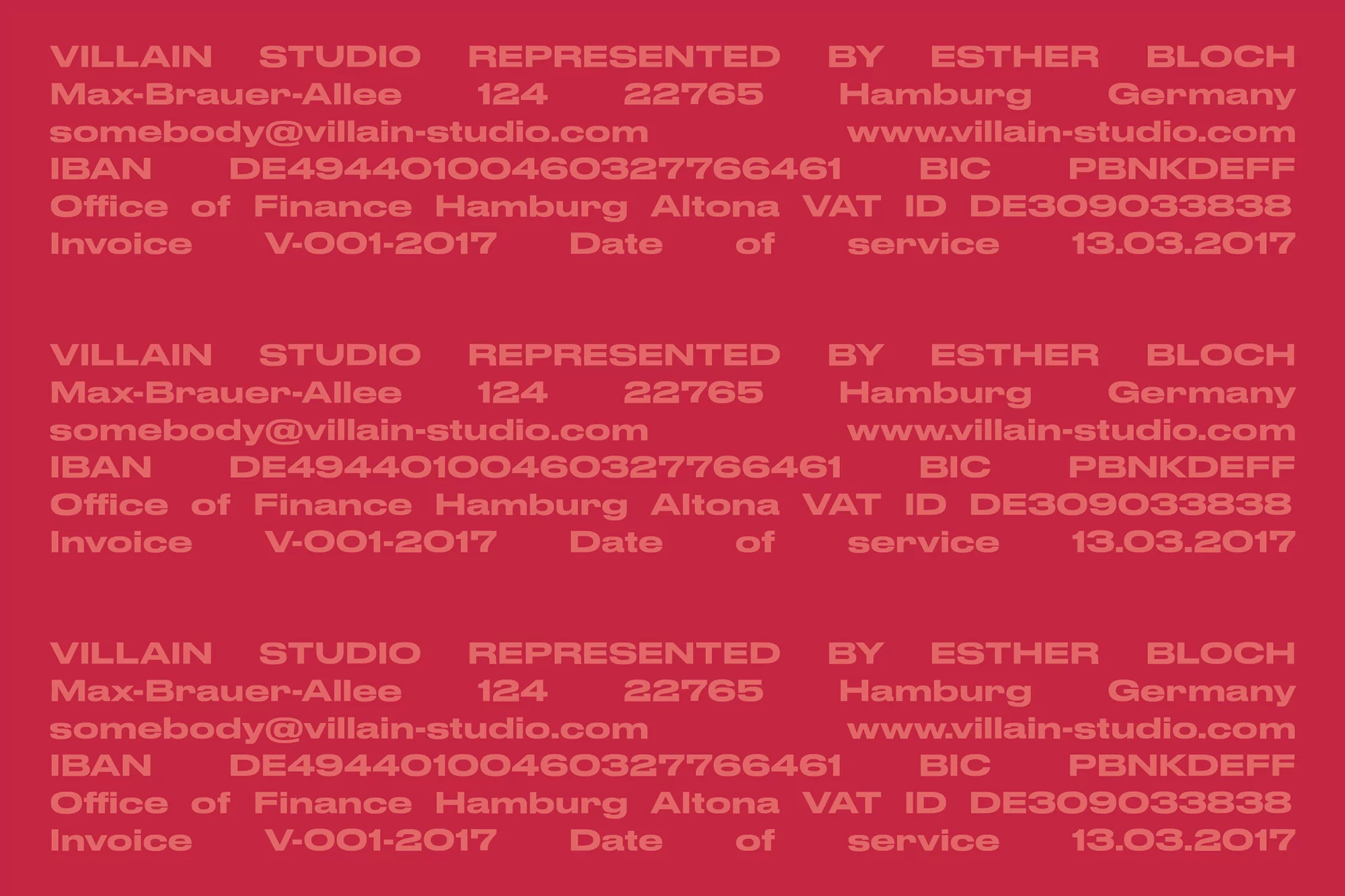 Invoice excerpt with company details: VILLAIN STUDIO, Esther Bloch, Hamburg, Germany, showcasing contact and financial information on a red background.