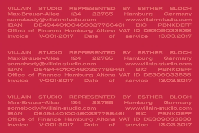 Invoice excerpt with company details: VILLAIN STUDIO, Esther Bloch, Hamburg, Germany, showcasing contact and financial information on a red background.