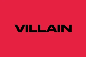 Bold black typography spelling VILLAIN centered against a solid red background