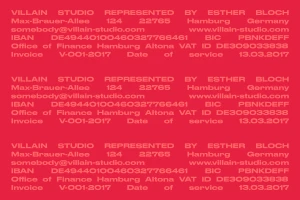 Red graphic design invoice layout for Villain Studio featuring repeated corporate text and banking details.