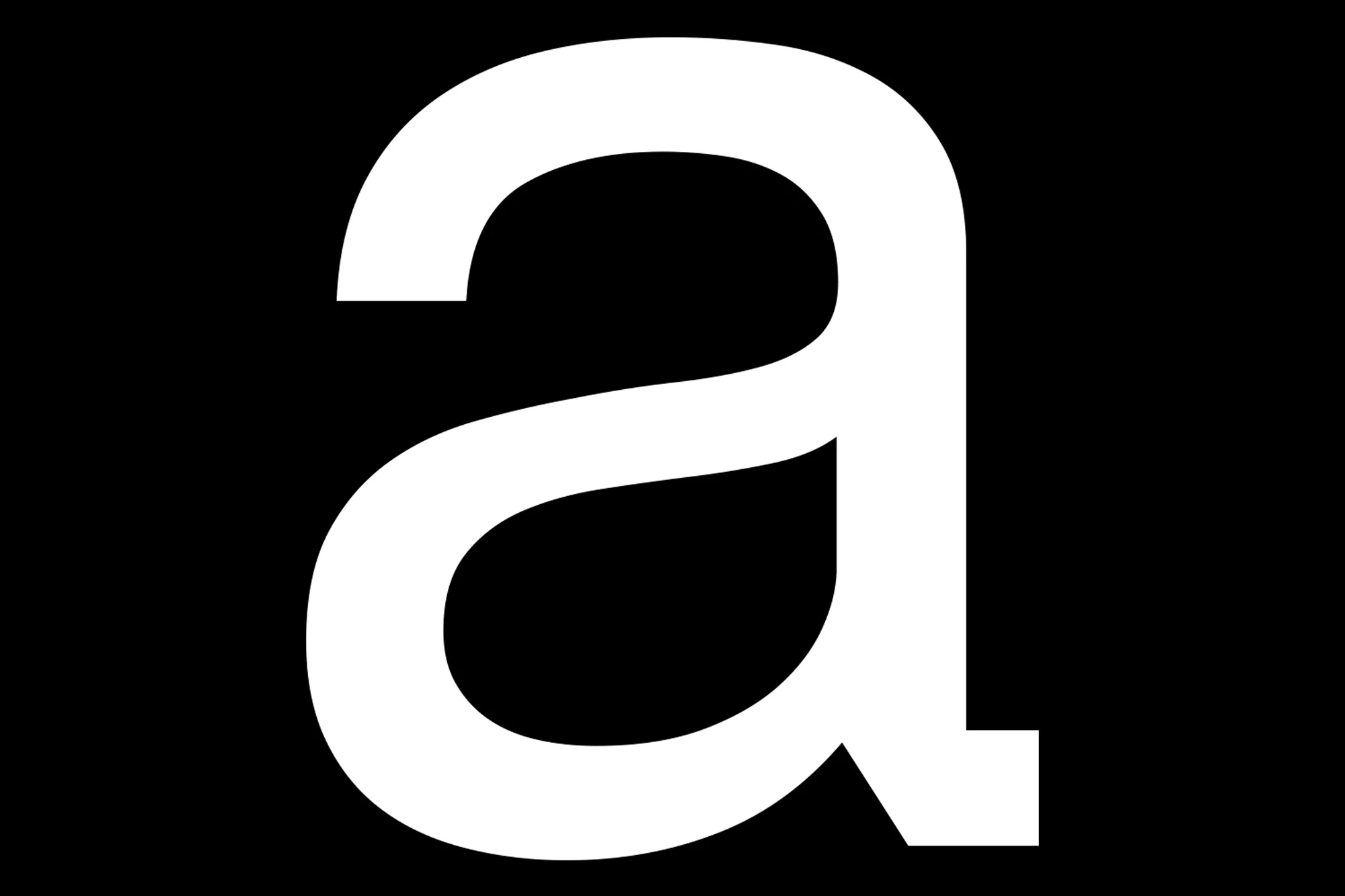 Lowercase 'a' in white, set against a stark black background. Typographic art, minimalism, high contrast, simplicity in letterform design.