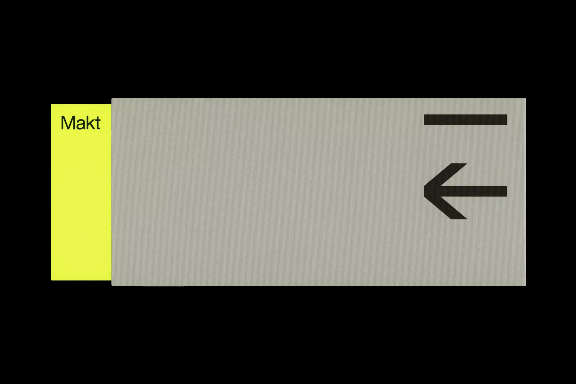Abstract graphic design with yellow text 'Makt' next to gray box with left arrow and line symbol against black background.