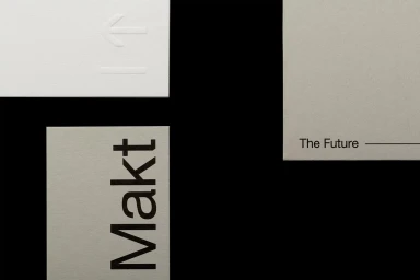 Minimalist graphic design identity for Makt featuring textured paper cards with typography and debossed directional arrow symbols.
