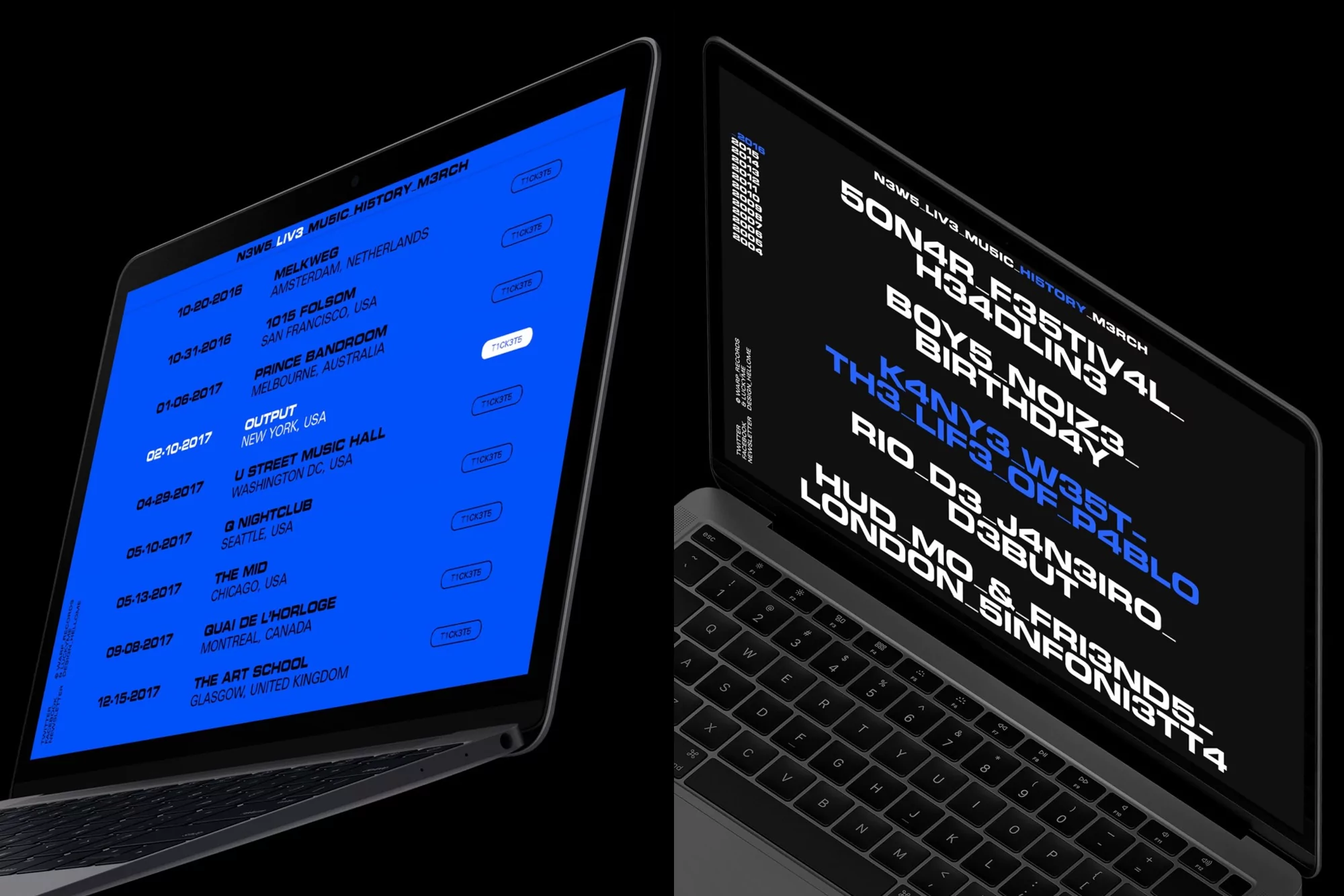 Two laptops display music history event listings in a minimalist, modern graphic design against a black background, creating a tech-forward aesthetic.