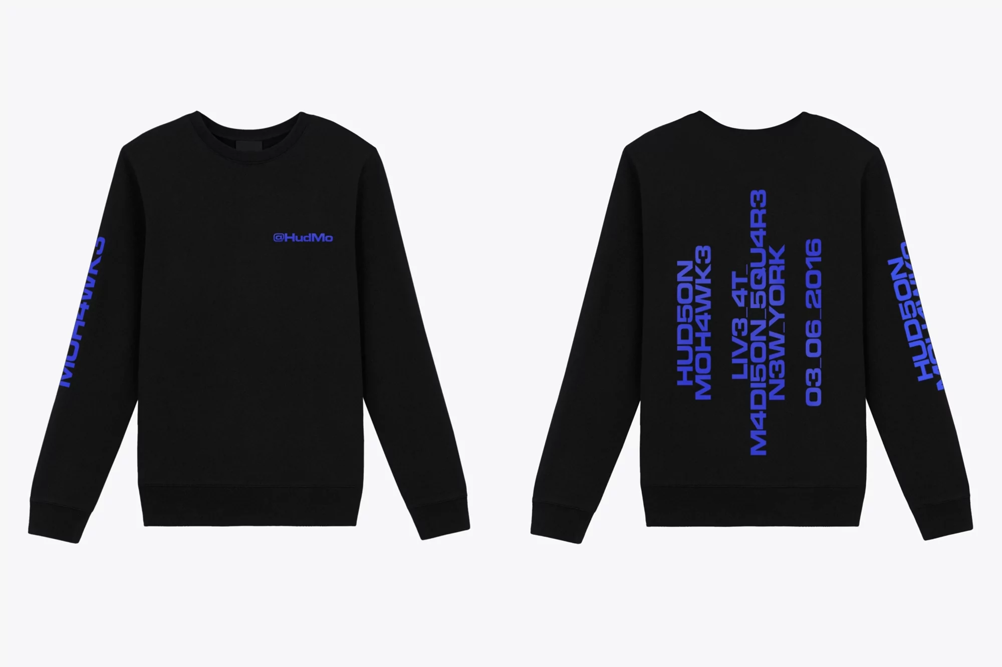 Black crewneck sweatshirt featuring blue text on sleeves and back against a plain white background, showcasing the garment's design.