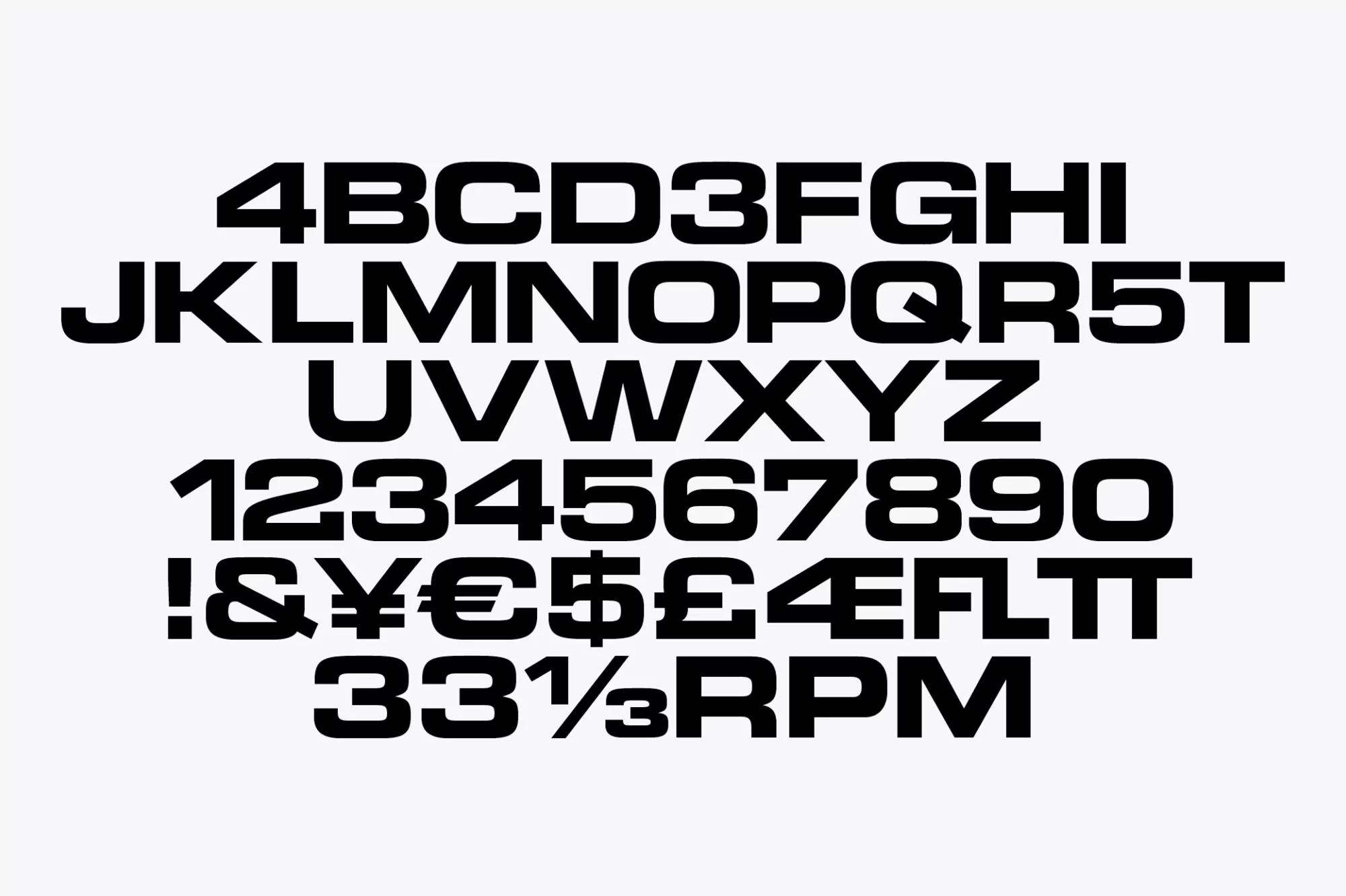 Alphabet and numbers in bold black typeface on white background, including symbols and fraction used on vinyl records.