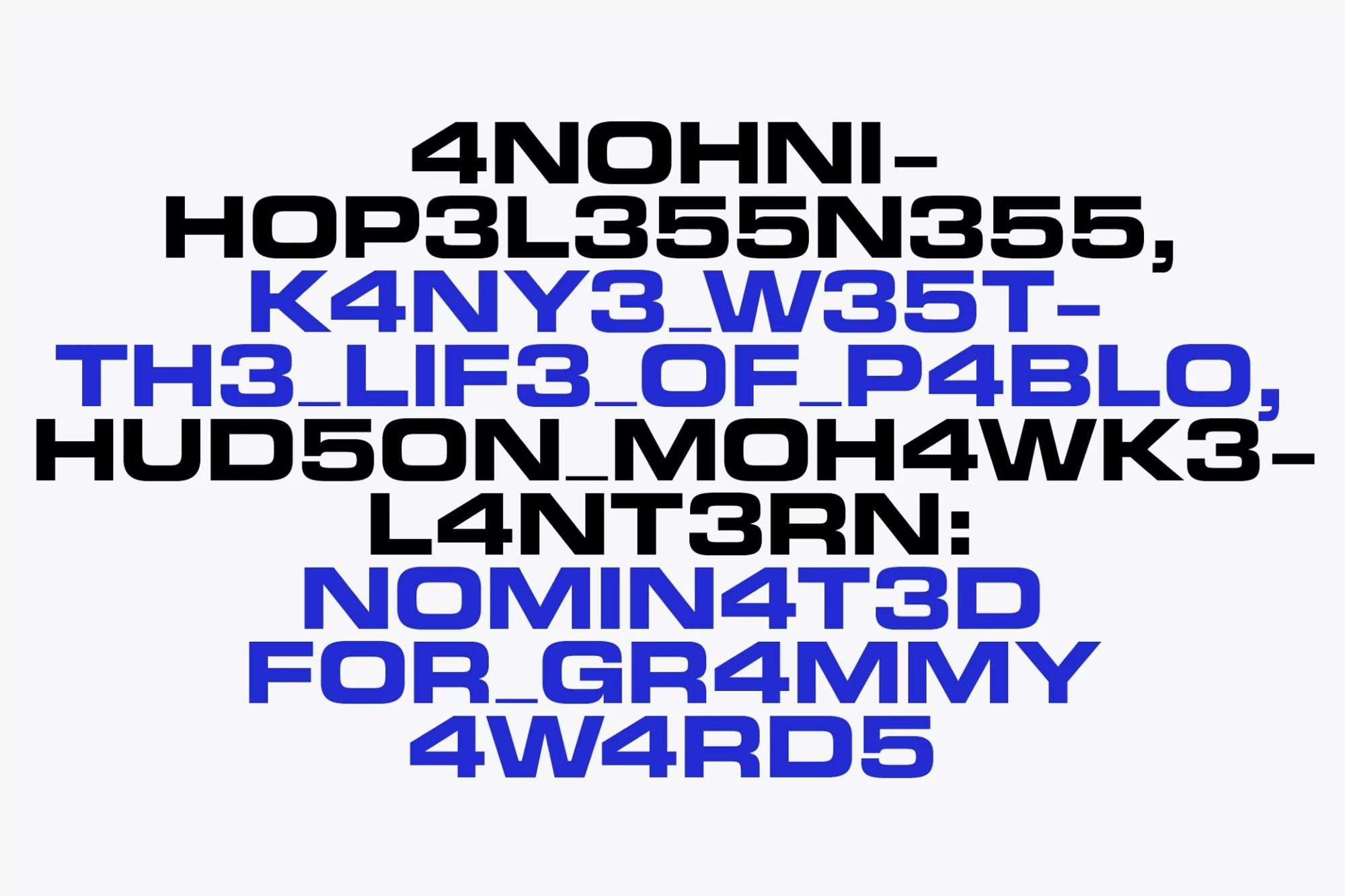 Graphic typography with bold text in black and blue on a white background with phrases related to music and award nominations.