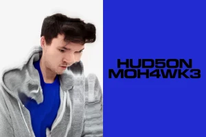 Man wearing grey zip hoodie over blue shirt against white and vivid blue split background with typography