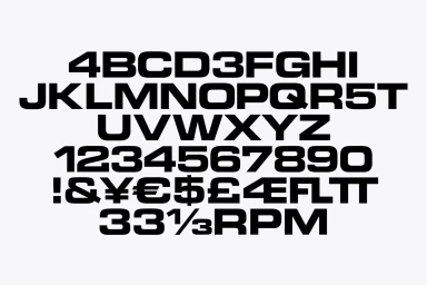 Bold black custom sans-serif typography on a solid white background showing the alphabet, numerals, and special symbols.