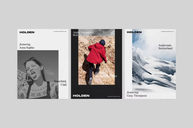 Three Holden brand posters feature a woman in Utah, a climber in the Andes, and a mountain view in Switzerland.