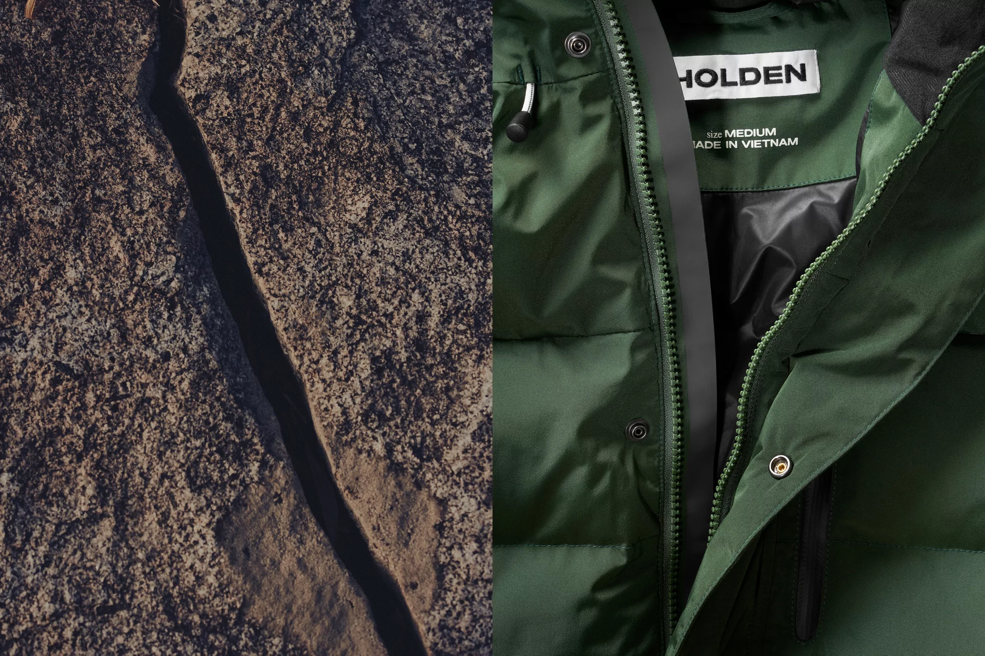 A split-screen view featuring a textured rock formation on the left and a close-up of a green hooded jacket on the right.