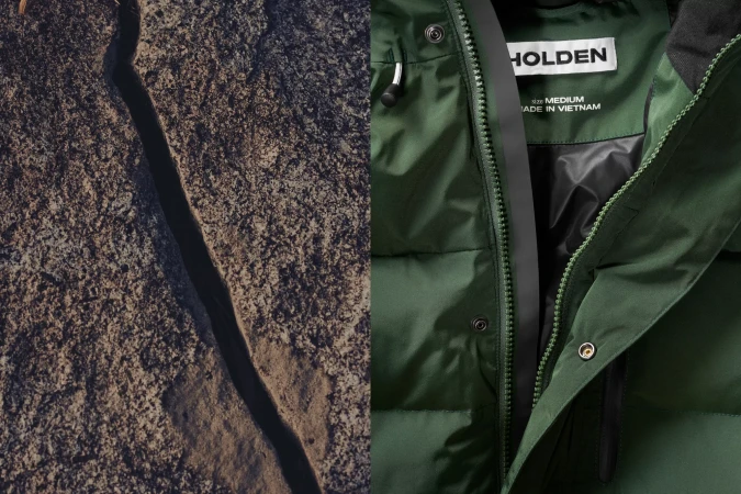 A split-screen view featuring a textured rock formation on the left and a close-up of a green hooded jacket on the right.