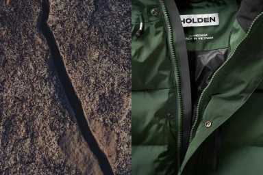 Close-up split image showing cracked stone texture on the left and a green quilted Holden winter jacket on the right.