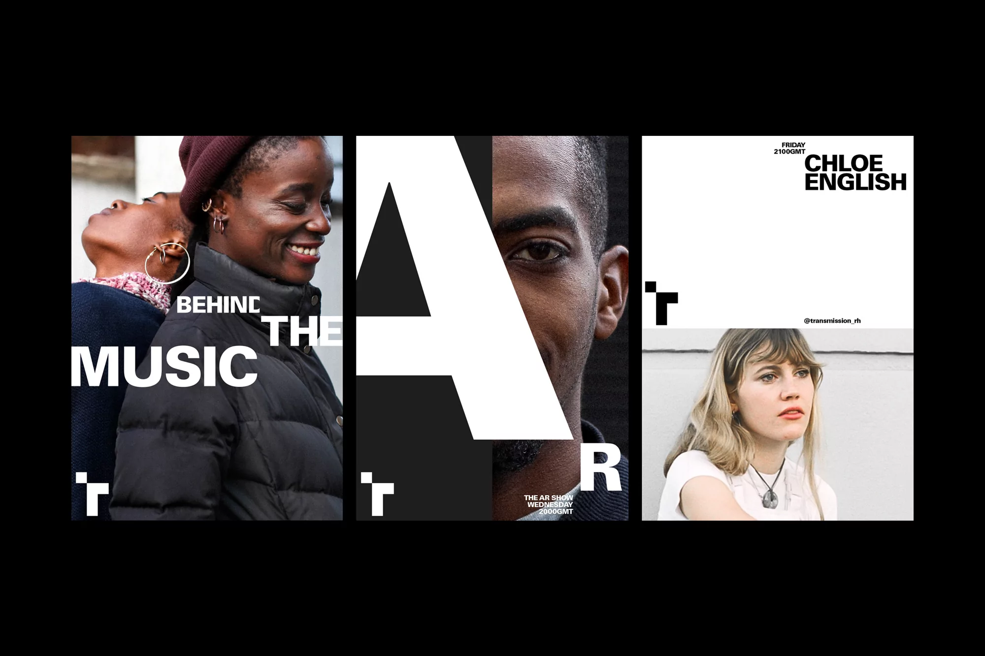 Three split posters of musicians Chloe English, a dark-haired African woman in a puffer coat, and a dark-haired African man.