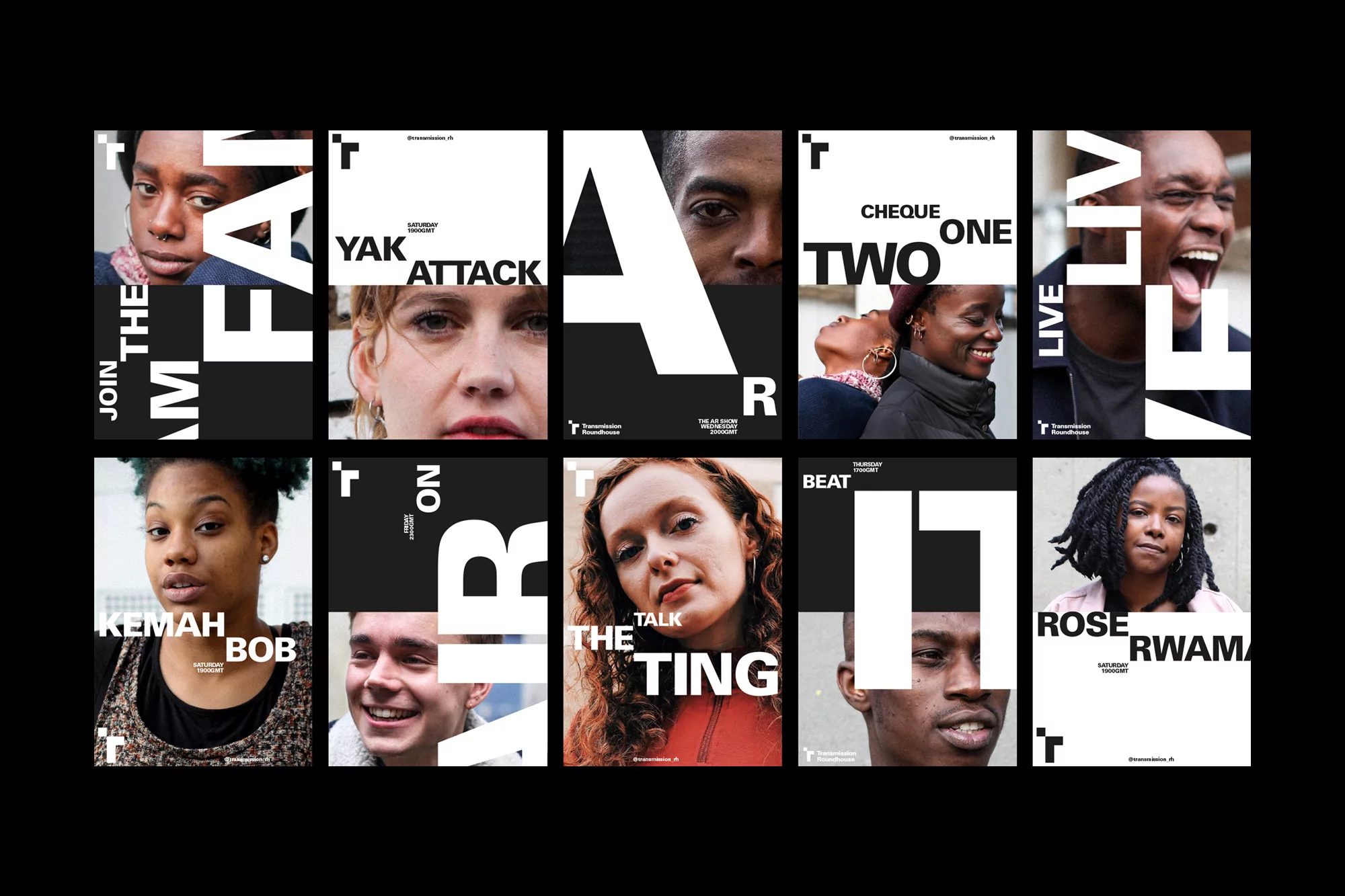 Series of monochromatic graphic posters with portrait photography; bold typography overlays striking faces in black and white aesthetic.